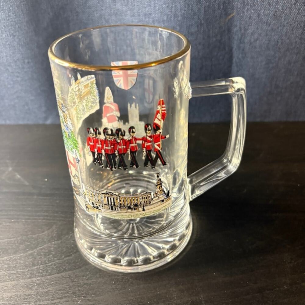 Clear Glass Gold-Rimmed Beer Stein Pint London British Scenes Heavy Bottom - Picture 3 of 10